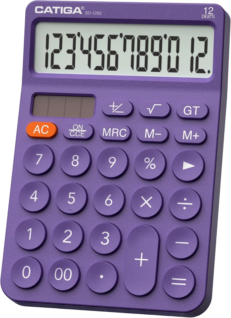 CATIGA 12 Digit Desktop Calculator Basic Desk Calculator with Large LCD Display, Big Buttons, 4 Function, Solar and Battery Dual Power, for Office, School, Home, SD-1292 Purple - Image 1